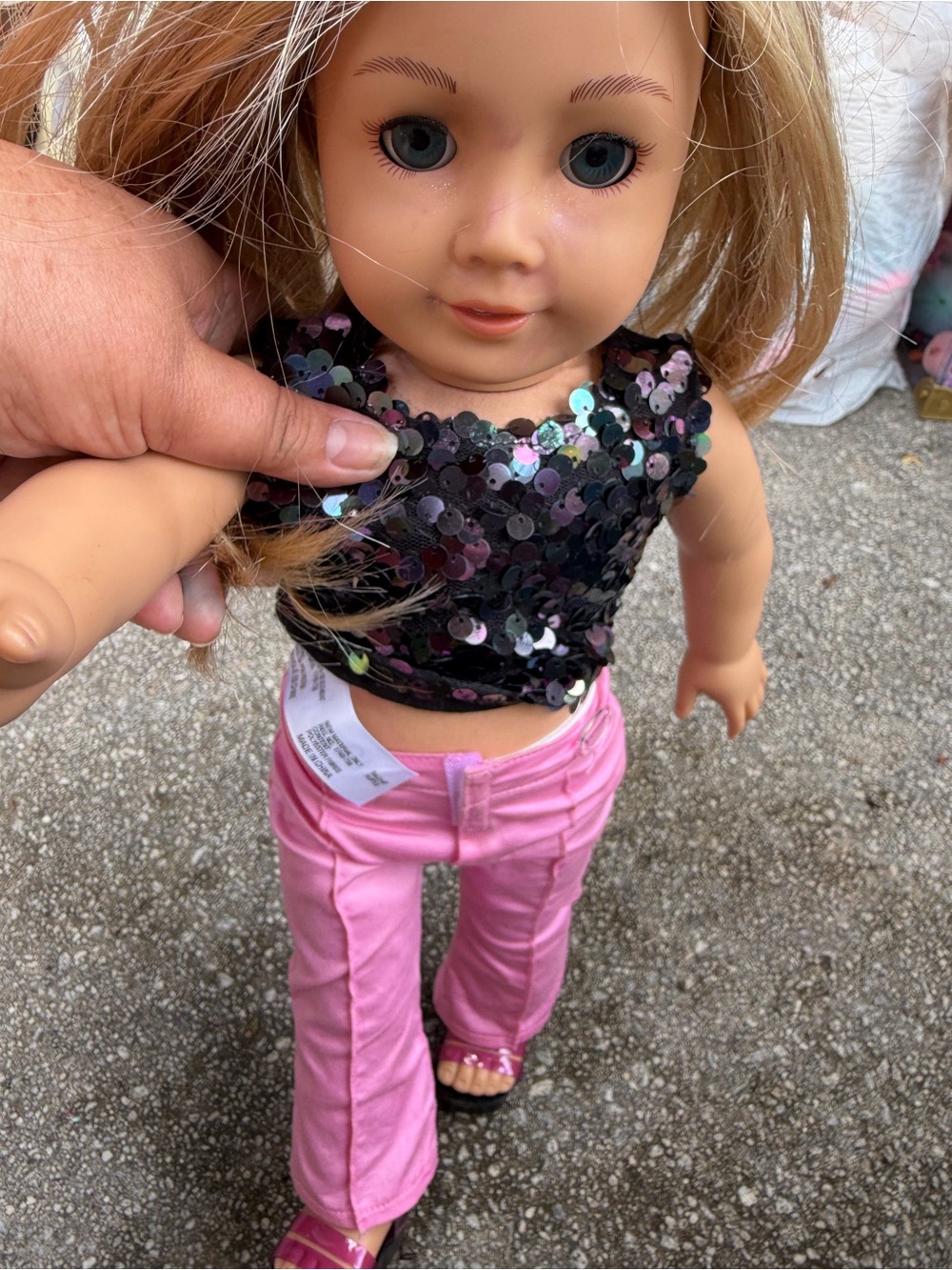 American Girl Black Sequin Crop Top with Pink Pants